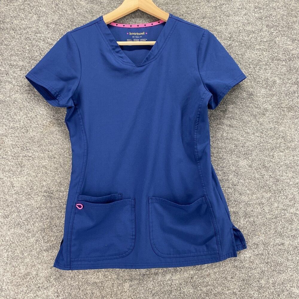 Heartsoul Scrub Top Women XS Blue V-Neck Short Sleeve Pockets Pullover Casual
